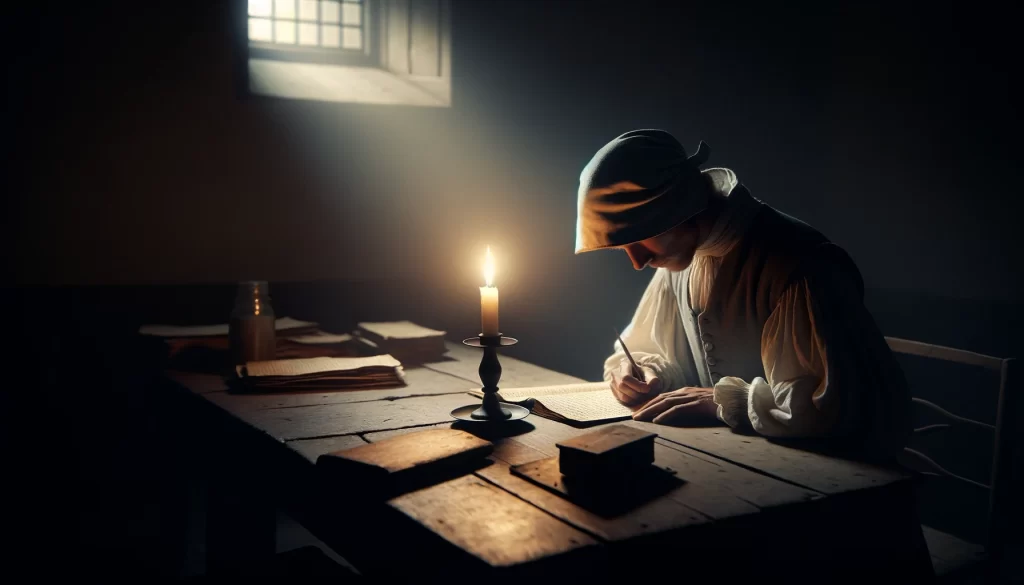 A Quaker writing into his journal under candlelight